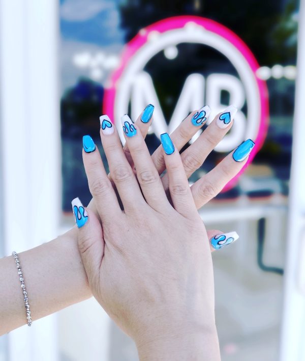 Blue and white pop-art heart coffin nail art by ManiBliss nail salon Alpharetta GA